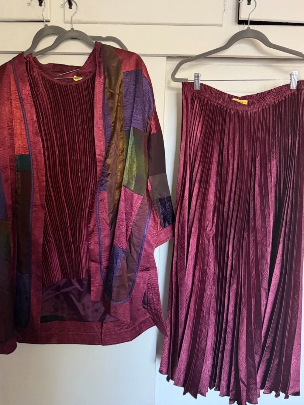 Vtg 80s Jeanne Marc 3pc Metallic Burgundy Green Patchwork Jacket Plisse Skirt 2X